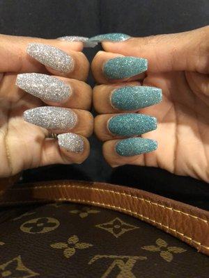 Two color dip nails with coffin shaped tips