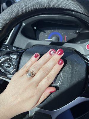 Red sparkly dip manicure with snowflakes!