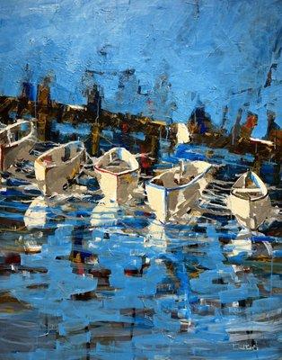 Docked 60 x 48 Enjoy the reflections and movement in this selection of works. Boats and blue sky above prevail in this peaceful image.