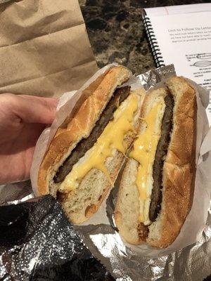 Egg, sausage, cheese on a roll