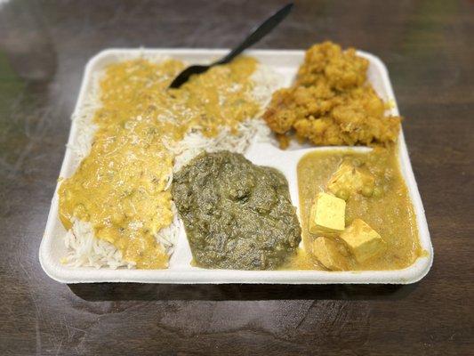 Dal Tadka over rice, Palak Paneer, Matar Paneer, and Aloo Gobi