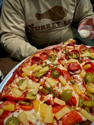 Large pizza with pepperoni, pineapple, and jalapeño