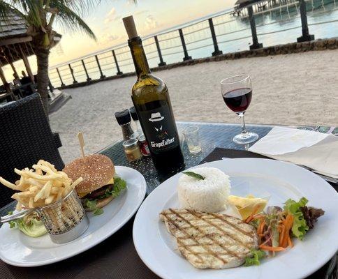 Yummm wine with our dinner at the Hilton Moorea Lagoon, Tahiti!