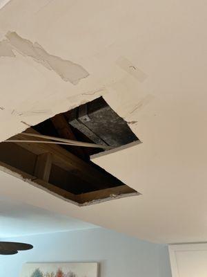 Damaged ceiling with water stains