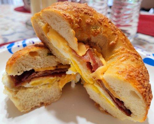 Bacon, egg, and cheese on a Jalapeno Cheddar bagel. A personal favorite, and absolutely delicious!