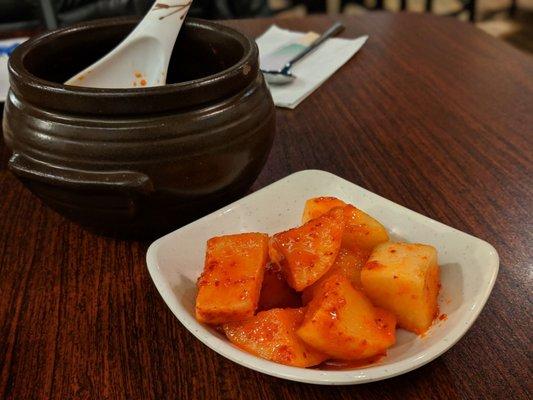 Their homemade radish kimchi, sought sweet and spicy, not too sour.