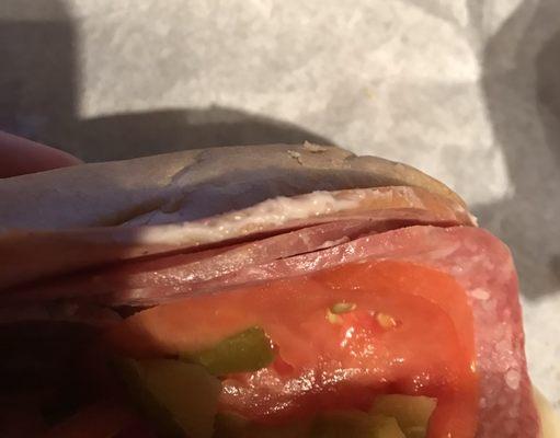 My Italian sub had 1 ridiculously fat slice of each meat on each half of the sub. Everything else was good though.