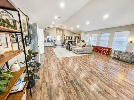 Living room remodel with new floors, ceiling lights