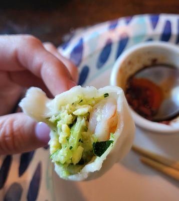 Inside of the zucchini, shrimp, and egg dumplings. Our favorite of the night!!