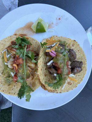 A shrimp and a beef taco.