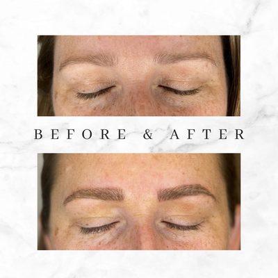 Hybrid brow- microblading with light shading in the body throughout the tail.