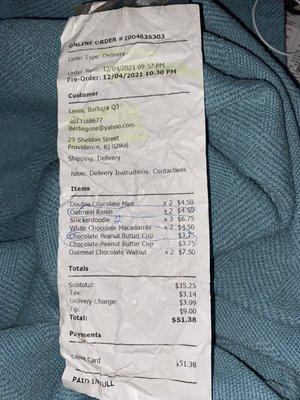 Receipt for delivery with missing cookies