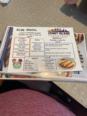 Kids menu