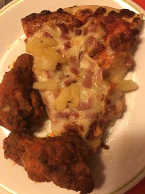 Hot bone-in wings & pizza (yes it has pineapple!)