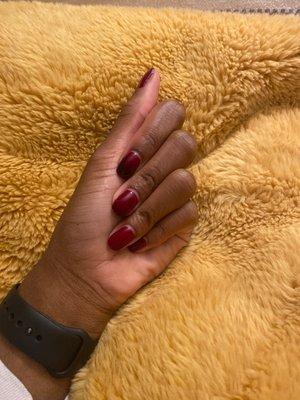 Mood gel manicure. Polish turns dark brownish when it's cold and a red when it's warm.