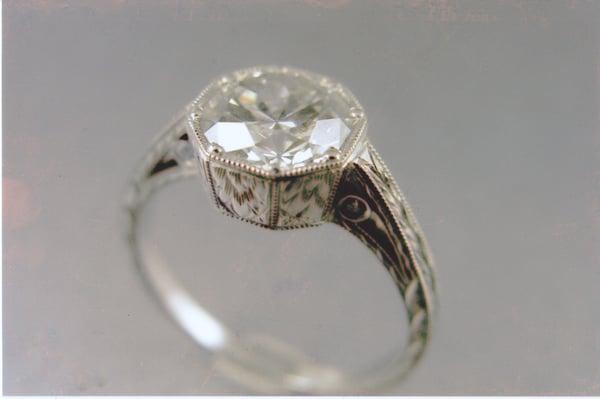 Platinum, hand engraved, diamond ring made here!