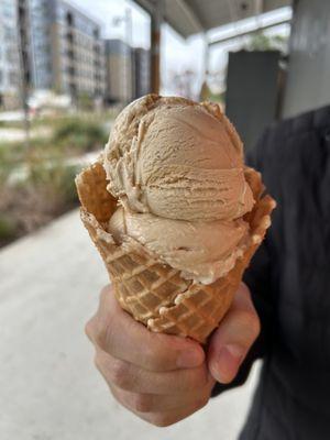 Salted caramel and pumpkin chai in a waffle cone