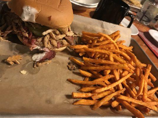 Brisket sandwich and sweet potato fries