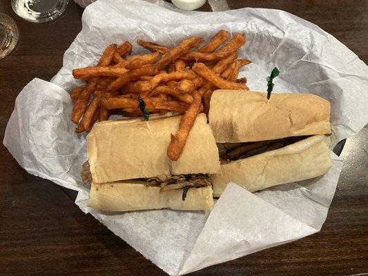 French dip sandwich with a sweet potato fries