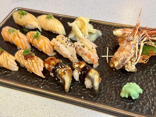 Salmon (Sake) Nigiri, Fresh Water Eel (Unagi), Super White Tuna (Escolar) Nigiri Botan Shrimp (Amaebi) Nigiri, Seared Salmon Belly Nigiri