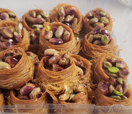 Close up of the bird nest pastry. I believe it's called eish al bolbol. Delicious! Similar flavor to baklava.