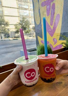 Taro coconut smoothie with boba + Thai tea with boba