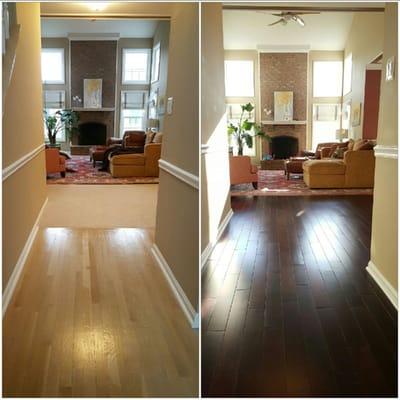 New Custom Maple Railing System and steps With Acacia Coffee Color Wood Done by Royal Floors in Fairfax Station House