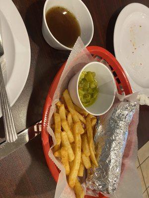 Italian Beef dry with juice on the side and hot   Giardiniera.