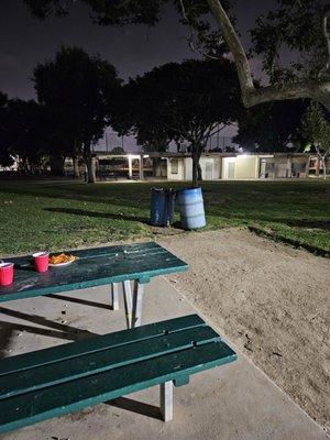 The bathroom area at night time