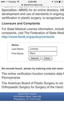 American Board of Plastic Surgery... no results found