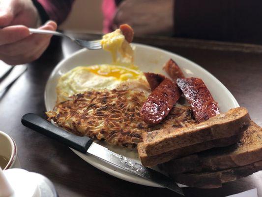 Polish sausage breakfast. The rye bread is really good too!