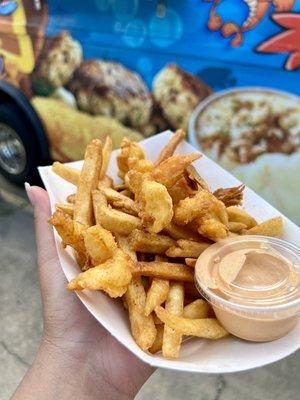 Shrimp platter with fries and our Shockaboom sauce