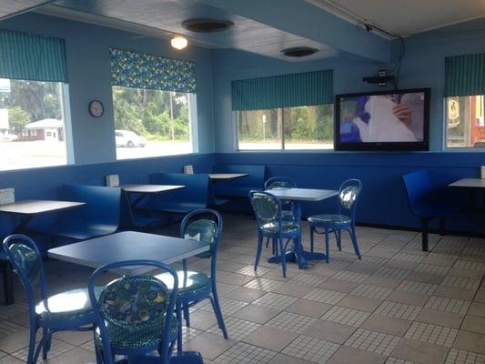 Newly remodeled inside Ed and Barbs Donut Shop. Cheerful colors and very clean.... Disproving the review from John D.