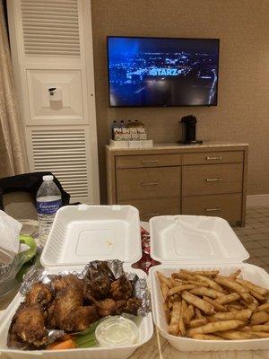 Dry rubbed wings and fries