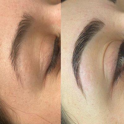 Before & after brow lamination, tint & wax by Katrina.