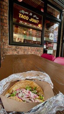 Taco. Al Pastor- slow-roasted pork. Corn tortilla. $4 + tax + tip