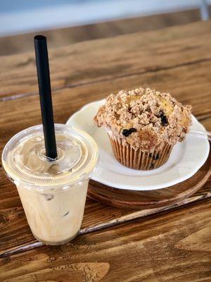 Iced white Mocha with a blueberry muffin.