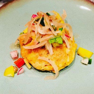 Vegan jackfruit crab cake with pickled mango slaw