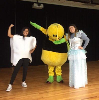 The tooth fairy, the sugarbug and the strong molar visiting a school during National Children's Dental Health Month!