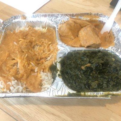 Platter #2: one meat, one veggie. Chicken Korma (not recommended) and Palak Paneer (delicious).