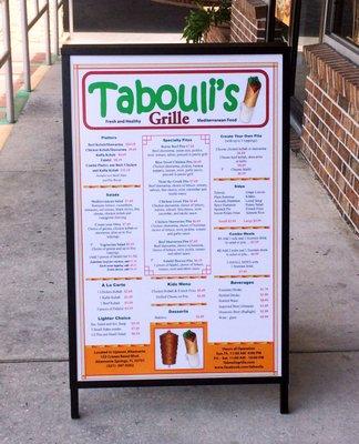 Sign for A-Frame Stand
 Designed and printed this outdoor sign for Tabouli's.