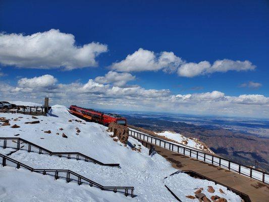 View of the cog train parked at the summit