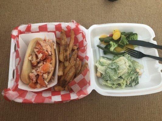 Lobster roll, fries, Caesar salad, steamed veggies! YUM! A++