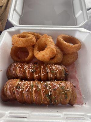 Pretzel sticks and beer batter onion rings