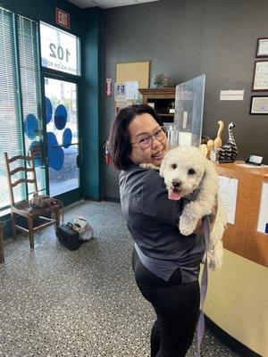 Checking in for a grooming at Blvd Pet Clinic. Huggies from Eve!