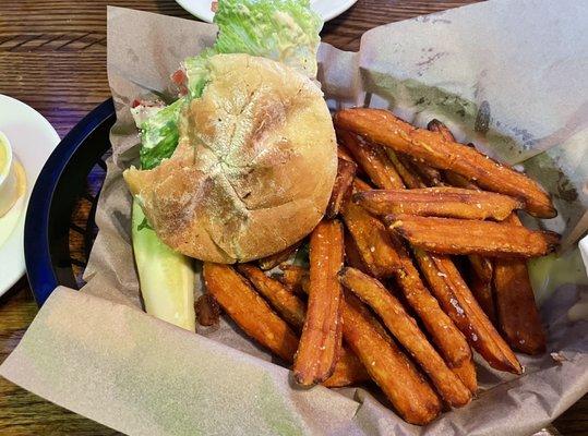 Black bean burger and sweet potato fries