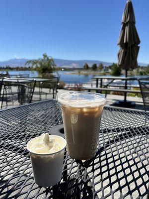 Pup Cup & Iced Pumpkin Spice Chai with marina views from the patio