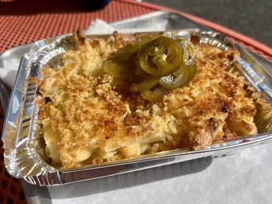 Baked Mac n Cheese with candied jalapeños.