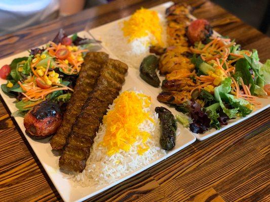 Koobideh (ground beef/lamb) kebab (left) Cornish hen (right)