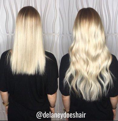 Blonde balayage and hair extensions by Delaney